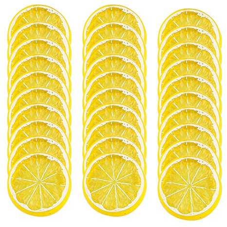 KABAKE 30 pezzi di fette di limone artificiali, realistiche e decorative, per matrimoni, festival, fotografia, accessori per cesti, riempitivo per esposizione, frutta finta, giallo