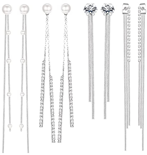 YADOCA 4 Paires Boucles d'Oreilles Longues Gland Pendantes Cristal Perle Strass Chaîne Ensemble Mariage Argent