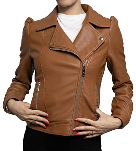 QUEEN HELENA Chaqueta de cuero sintético con tachuelas, chaqueta corta, chaqueta casual, chaqueta de motociclista, ligera y cómoda para mujer Y3006, marrón, S