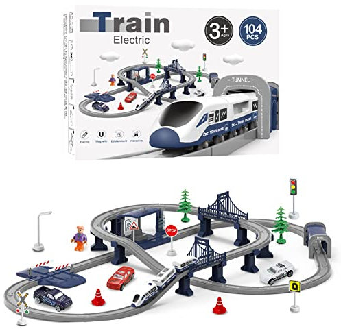 XIAPIA Electric Train Sets Railway Learning Educational Toys for Kids Boys Girls Age 3 Years Up, 104 Pcs Track Accessories Car Set Christmas Xmas New Year Gifts
