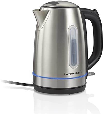 Hamilton Beach Electric Tea Kettle, Water Boiler & Heater, 1.7 Liter, Cordless Serving, 1500 Watts for Fast Boiling, Auto-Shutoff and Boil-Dry Protection, Stainless Steel with LED Light Ring (41037)
