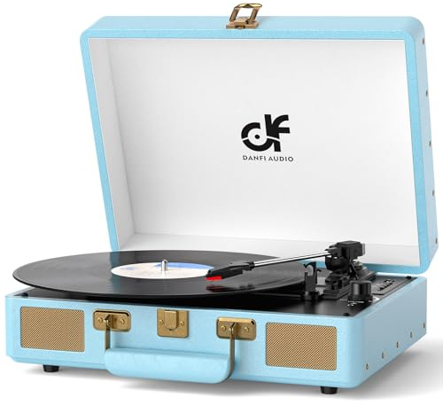 Valigia per giradischi in vinile con altoparlanti integrati, wireless Bluetooth vintage a 3 velocità, giradischi LP supporto arresto automatico, jack RCA/AUX/cuffie, blu