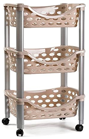 AC - Carrito verdulero de plástico con 3 Niveles y Ruedas - PLFT Aire - Cestas apilables portaobjetos - Cocina, baño - 65 x 39,5 x 29,5 cm - Marrón con Patas Grises