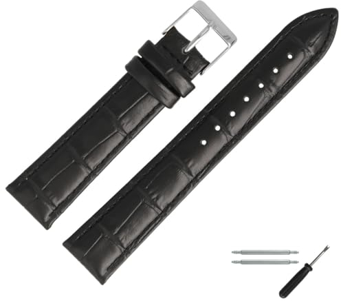 MARBURGER Uhrenarmband 18mm Leder Schwarz Silber Alligator Prägung Mit Naht - Montage Set 2771810000120