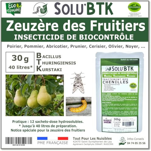 SoluBTK - Zeuzère des fruitiers: Poirier, Pommier, Abricotier, Cerisier, Prunier, Olivier ... 30 g Bacillus thuringiensis BTK - Insecticide Utilisable en Agriculture Biologique - Traitement chenilles