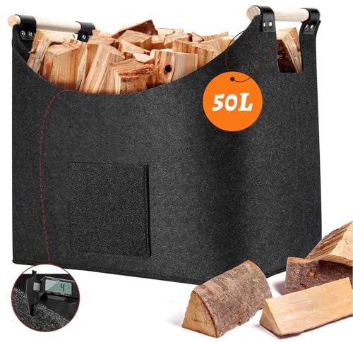 Pizsieat XL 50L Cesta Leña, 45x32x38cm Grande Cesta Para Leña Interior,4mm Espesar Fieltro Gris Cestos Para Leña con Desmontable Asa + Bolsillo Frontal,Leñero Exterior para leña, la compra, periódico