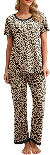PrinStory Pyjamas för kvinnor, rund hals, pyjamas-set, kortärmade pyjamasöverdel och långa nattkläder, byxor med fickor, loungeset, Leopard khaki, XL