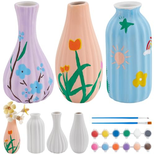WEBEEDY 3 Sizes Ceramic Pots Paint Kit DIY Ceramic Vase for Adults Beginner Painting Unpainted White Vase Decorating Activity Kit for Desk Christmas Birthday Gift
