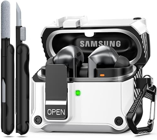 RFUNGUANGO Compatible with Samsung Galaxy Buds 3 Case and Galaxy Buds 3 Pro Case, Military-Grade Drop-Proof, Locking Function, Compatible with Back Magnetic Suction Function, with Cleaning Kit -White