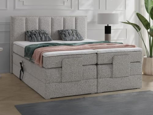 Vente-unique-Boxspringbett mit Bett-Kopfteil + elektrisch verstellbare Lattenroste + Matratzen + Topper - 2 x 90 x 200 cm - Stoff - Beige - KALASI von Palacio