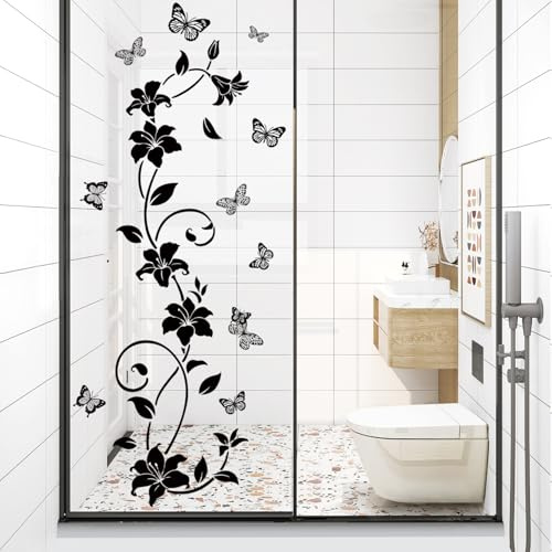 SHUCHING Pegatinas de Pared Flores Negras, Vinilo Adhesivo Pared Negro, Vinilos Decorativos para Baño Ducha