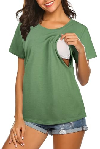 Aolso Women’s Nursing Tops, Short Sleeve Breastfeeding Tops with Hidden Zip, Crew Neck Maternity Top & Tees for Pregnant Women-Green-L