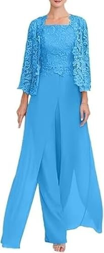 3 Pieces Long Mother of The Bride Pant Suits Chiffon Lace Wedding Guest Gown Formal Evening Dress Ocean Blue