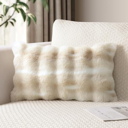JOTOM Juego de 1 Funda de Cojín de Felpa Suave 30 x 50 cm Funda de Almohada de Pelo Sintético Suave y Lujosa para Sofá Dormitorio (Beige Blanco)