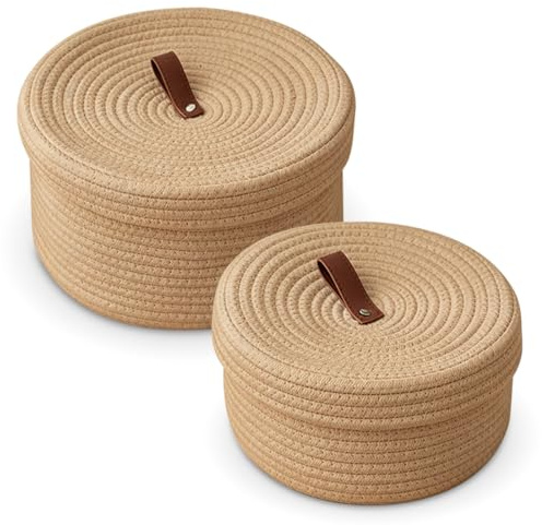 CEWROM Juego De 2 Cestas Decorativas De Cuerda De Algodón Con Tapa, Cesta De Almacenamiento Para Salón, 28 X 16 Cm/23 X 12 Cm (Caqui)