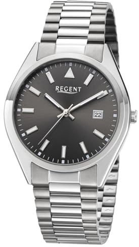 REGENT F-1644 - Reloj para hombre de acero inoxidable plateado con esfera gris Sunray, fecha, manecillas luminosas, cristal mineral, 39 mm, 5 ATM, cuarzo