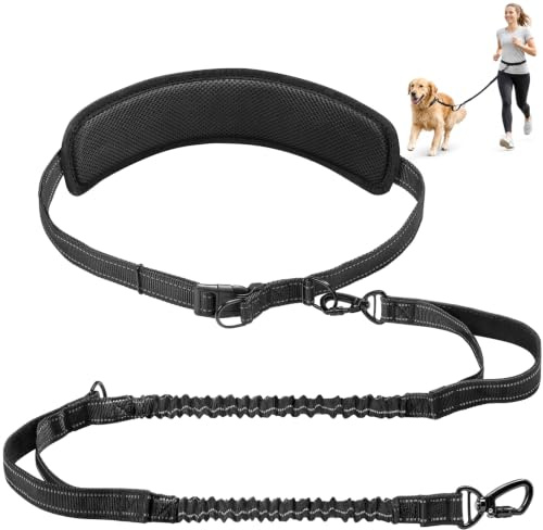 Gimars Ceinture Canicross Chien Réglable avec Coussin Lombaire Épais et Confortable, Laisse Canicross Chien Élastique Mains Libres Anti-Fuite, Double Poignée Rembourrée Réfléchissante, Chiens 10–50kg