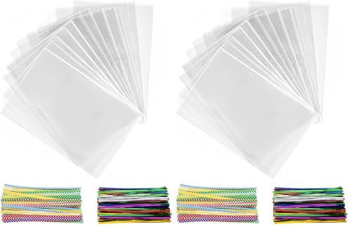 200 Pièces Sachet Bonbon, 25x15 cm Sachet Plastique Transparent Sacs Cellophane avec 200 Rubans Métalliques Pour Bonbons, Biscuits, Pain, Fruits, Etc. Parfaits Pour Les Fêtes De Cadeaux (Lot de 2)