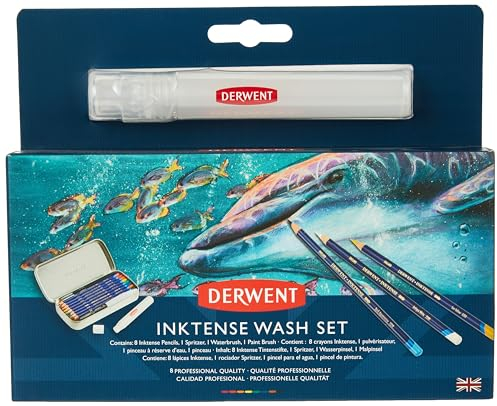 Derwent Inktense Wash Set, 8 wasserlösliche Aquarellstifte, Metallbox mit Spritzer, Wasserpinsel & Pinsel, zum Zeichnen, Kolorieren oder Malen auf Papier & Stoff, professionelle Qualität (2302584)
