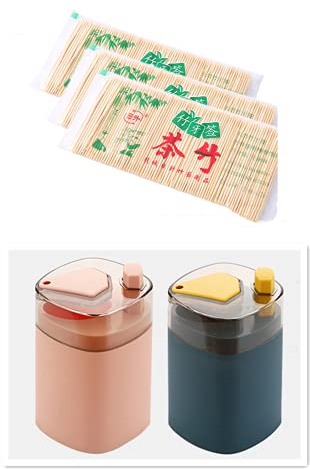 2 pcs Automatic Toothpick Holder Dispenser and 600pcs Bamboo Toothpicks,Fruit cuttings,for Cleaning and Holding Small Appetizers or Plug in Fruit Block, Convenient for Fruit