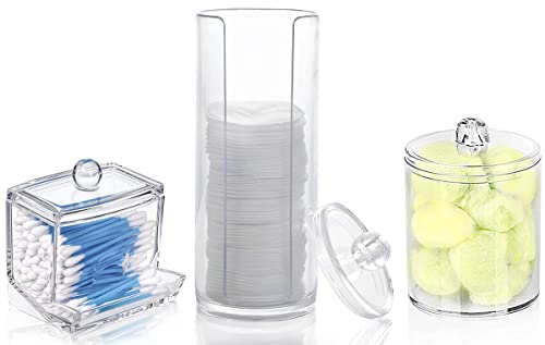 WeeGoo 3 Pcs Acrylic Cotton Pad and Bud Holder, Clear Cotton Bud Holder and Cotton Pad Holder, Desktop Cotton Bud Holder with Lid for Dressing Bathroom Storage