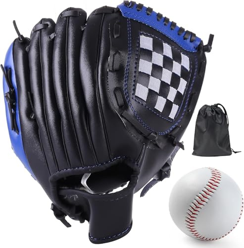 LeapBeast Guanti da Baseball, Brocca Softball Guanti con Morbido Baseball, Solido PU Ispessimento Left Hand Guanti per Bambini/Ragazzi/Adulti Professionale Baseballs Guanto (Nero-Blu, 12.5)
