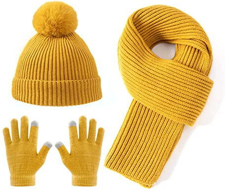 Lallier Juego de 3 gorros para niños, bufanda y guantes para la nieve, tejido de invierno, cálido, suave, gorro con pompón para exteriores, para niños, niñas y niños pequeños, Amarillo