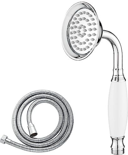 Maynosi Pommeau de Douche Classique, Douchette à Main Style Téléphone Traditionnel, Rétro à Poignée Céramique, Douchette à main Victorienne Avec Tuyau de 1,5 M, Chromé (Céramique Blanche)
