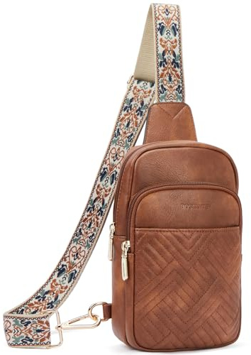 BOSTANTEN Sling Bag Quilted Crossbody Bags for Women Cross Body Purse PU Leather Fanny Pack with Adjustable Guitar Strap