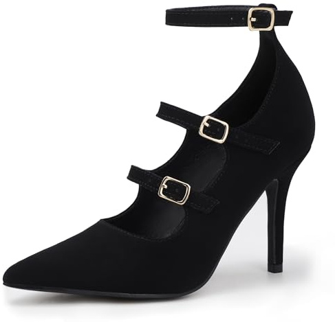 IDIFU IN4 Women's High Heels Dress Pumps - Closed Toe Strappy Wedding Comfortable Formal Stiletto With Ankle Strap - Pointed Toe Three Strap Shoes (Black Nubuck, 7.5)