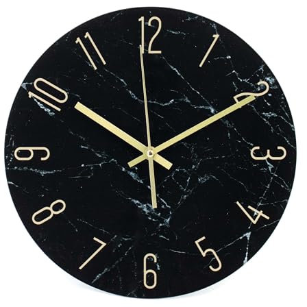 K&L Wall Art 30cm große Wanduhr aus Glas Küchenuhr Marmor Optik auf Klarglas leise Glasuhr ohne Tick-Geräusche (Marble schwarz-weiß)