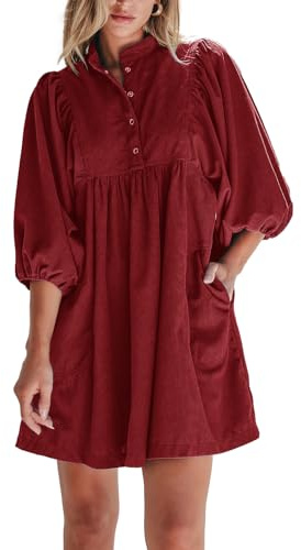 Opemiby Womens Casual Dresses Corduroy Button Up Empire Waist 3/4 Sleeve Fall Winter Mini Babydoll Dress Burgundy L