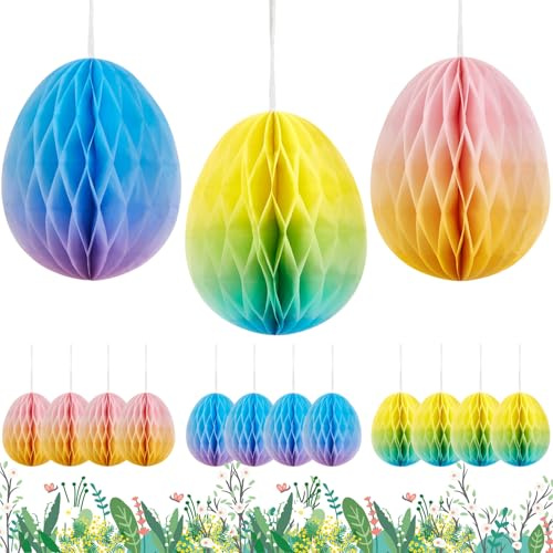 SUNBEAUTY 12 Pieces Paper Egg Shape Honeycomb Ball Easter Decorations Hanging Eggs with Ribbons Pom Pom Decorations Colorful Egg Pendant Ornament for Home Office School Kindergarten Easter Party