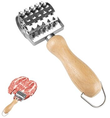 MYLERCT Batticarne Acciaio Inox 21 cm Acciaio Inox Bistecche Batticarne Martello, Professionale Batticarne Martello con Manico Legno, Batticarne in Legno per Lavorazione Carni Come Bistecche