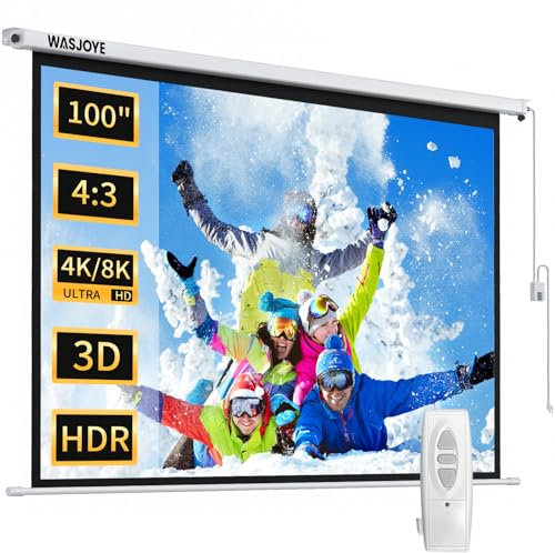 WASJOYE 100Motorized Projector Screen Electric Diagonal Automatic Projection 4:3 8K HD Movies Screen for Home Theater Cinema Office Video Game Indoor W/Remote Control and Wall/Ceiling Mount