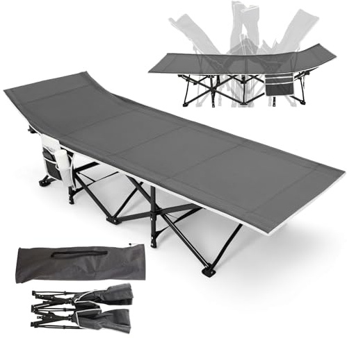 Warmiehomy Folding Camp Cot for Adults with Side Pocket, Grey