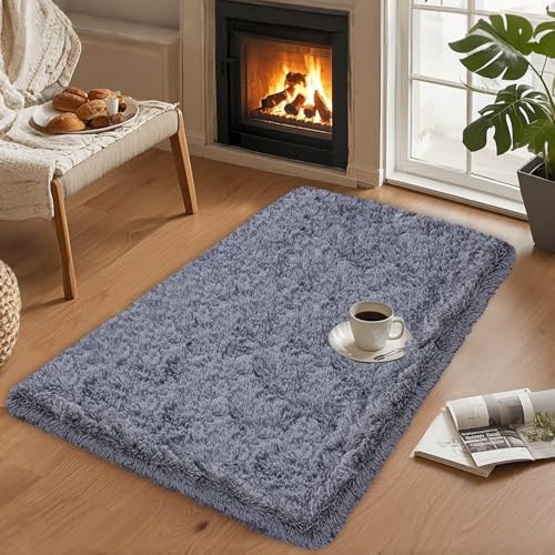 Hochflor Teppich Wohnzimmer 60x110cm, Grau Shaggy Teppich für Schlafzimmer Flauschige Teppiche, Modern Shag Wohnzimmerteppich Bettvorleger High-Pile Carpet rutschfest für Schlafzimmer Kinderzimmer