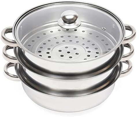 POTYYH Ångkokare i 3 lager, 28 cm ångkokare ångkokare ångkokare med glaslock dubbla handtag för matlagning, för induktionshällar, elektriska keramikspisar, elugnar eller gasspisar