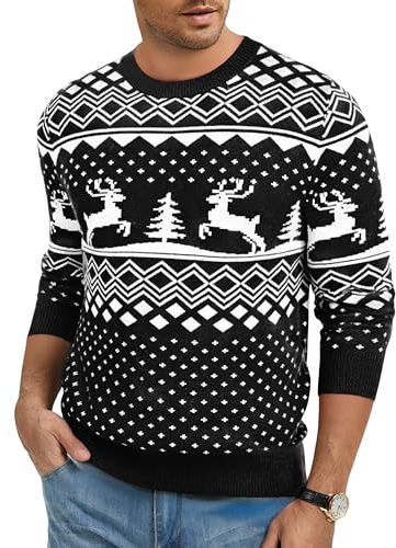 Jahetuul Pull de Noël Homme en Maille Motif Renne | Motif renne et sapin, col rond et manches longues pour les fêtes, les soirées d’hiver et les cadeaux de Noël.
