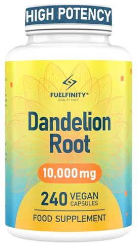 Strong Dandelion Root Capsules 10,000mg | 240 Vegan Capsules | High Strength for Bloating & Water Retention | Fluid Balance with High Absorption | Liver Detox | FuelFinity® | Vegan