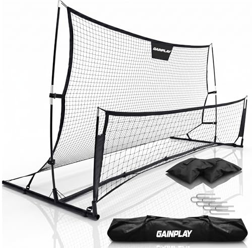 GainPlay Rebondisseur de football - 210 x 115 cm - Appareil d'entraînement à double filet pour entraînement de passeport et de tir, cadre en acier stable, avec sac, ancrages au sol et poids - Filet