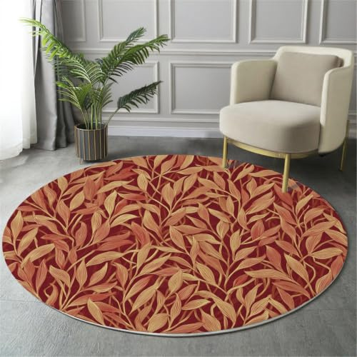 HASLEFND Tappeto Rotondo Salotto 180cm, Retro Plants Rami e foglie di salice Tappeto Soggiorno Antiscivolo Pelo Corto, Tappeti Rotondi Lavabile Morbido Tappeti Camera da Letto Rosso-arancio