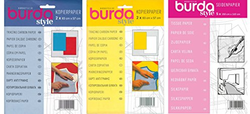 Burda, set triplo per sartoria, carta velina per sartoria da 110 x 150 cm, carta carbone da ricalco, 1 x blu, 1 x rosso e 2 fogli di carta carbone da ricalco giallo e bianco, 83 x 57 cm