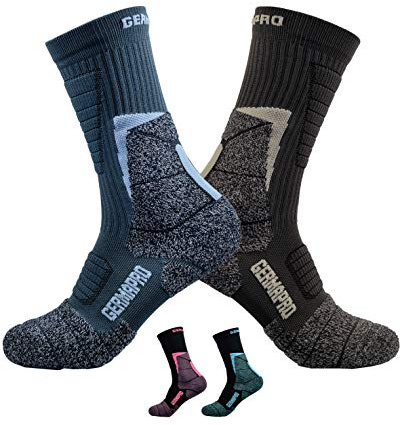 Mens Moisture Wicking Crew Compression Hiking Work Boot Socks w/Germanium Fiber Coolmax All Season 1 Blue + 1 Brown