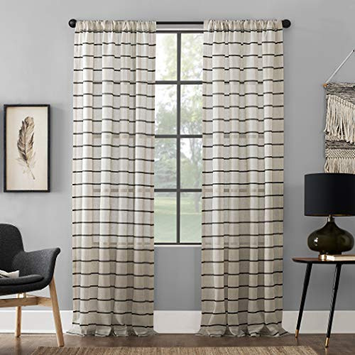 Clean Window Twill Stripe Anti-Dust Allergy/Pet Friendly Anti-Dust Sheer Curtain Panel, 52 x 84, Black/Linen