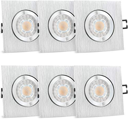 SSC-LUXon 6er Set QW-2 Einbau Deckenstrahler GU10 LED - mit GU10 LED neutralweiß 3W wechselbar - 6x Bad Deckenspot eckig gebürstet IP44