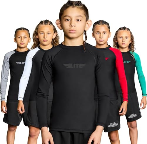 Elite Sports Rash Guards for Boys and Girls, Full Sleeve Compression BJJ Kids and Youth Rash Guard, Green, Small