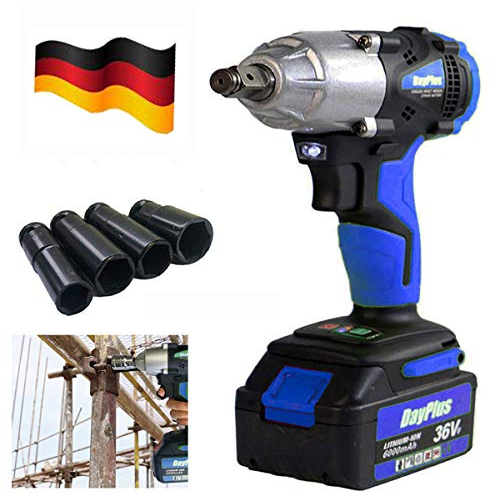 DayPlus Bürstenloser Akku Schlagschrauber 21V, 420Nm Drehschlagschrauber 1/2 Zoll Set mit 6.0Ah Akku, Rückwärts & Vorwärts, LED-Leicht, 4 Stecknüsse & Transportkoffer