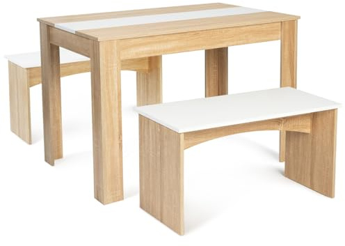 IDMarket - Ensemble Table à Manger et 2 bancs ROZY 4 Personnes façon hêtre et Blanc 110 cm