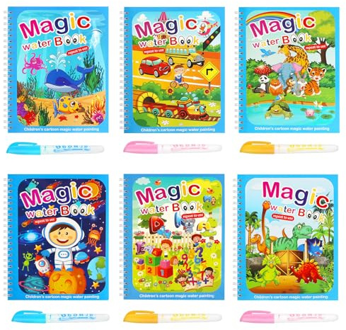 Livre de Dessin Magique de L'eau, 6 Pièces Livre de Coloriage a L’eau Livre Magique à L'Eau avec Stylo Leau, Livres de Coloriage à L'eau Magic Water Book Réutilisable pour Garçons Filles